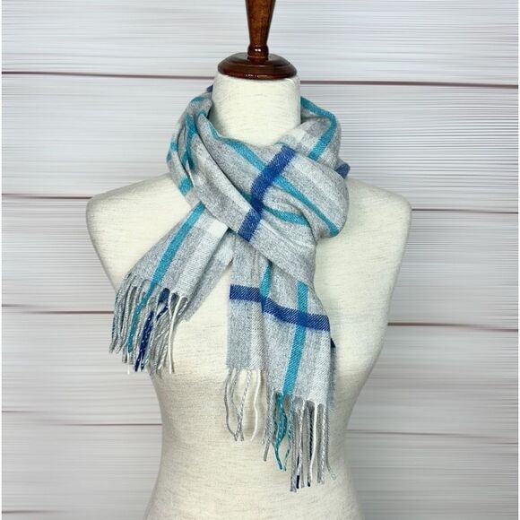 Charter Club Cashmere Scarf Gray Blue Plaid with Fringes Women’s Men’s - Picture 7 of 9